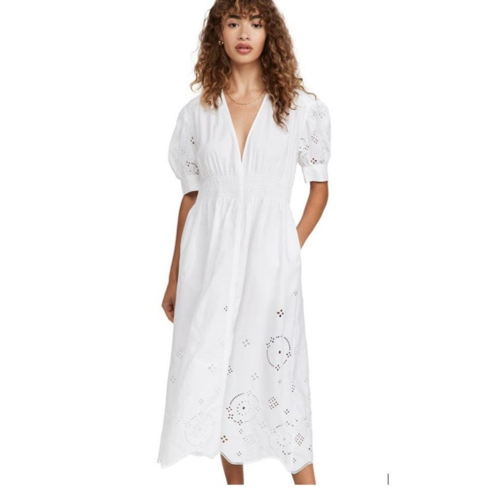 Ganni White Broderie Anglaise Eyelet Midi Dress